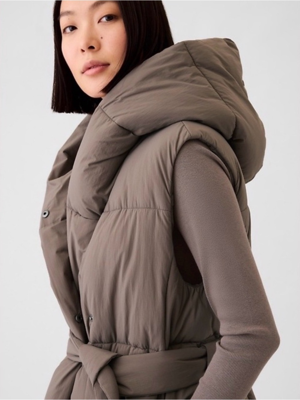 GAP Duvet Taupe Belted Hooded Puffer Vest
